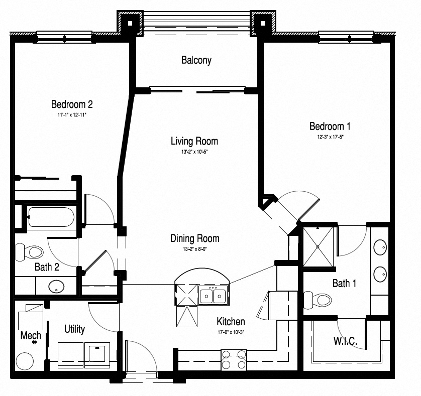 Floor plan for 2 beds, 2 baths, 1185 sqft